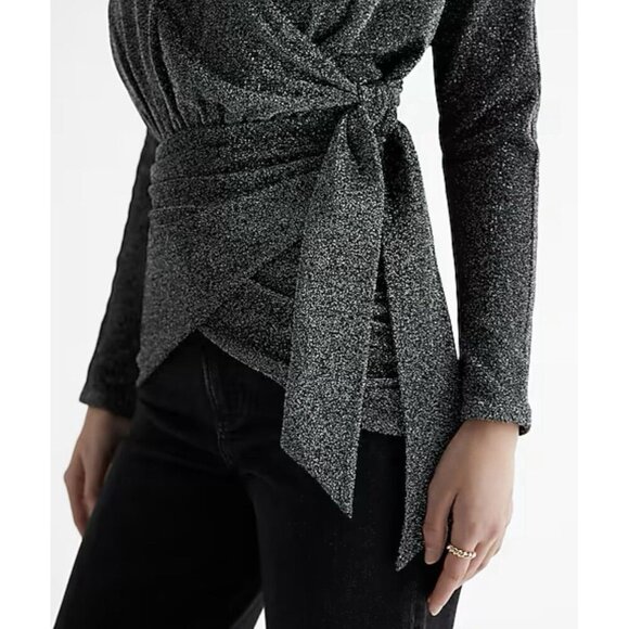 Express Womens Relaxed Metallic V-Neck Surplice Tie Waist Top Size S NWT $68 - Picture 3 of 16